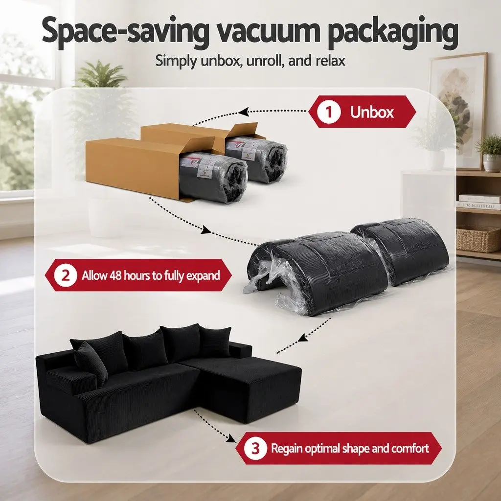 L-Shaped Modular Sectional Sofa Bed Corduroy Fabric 4-Seater Black