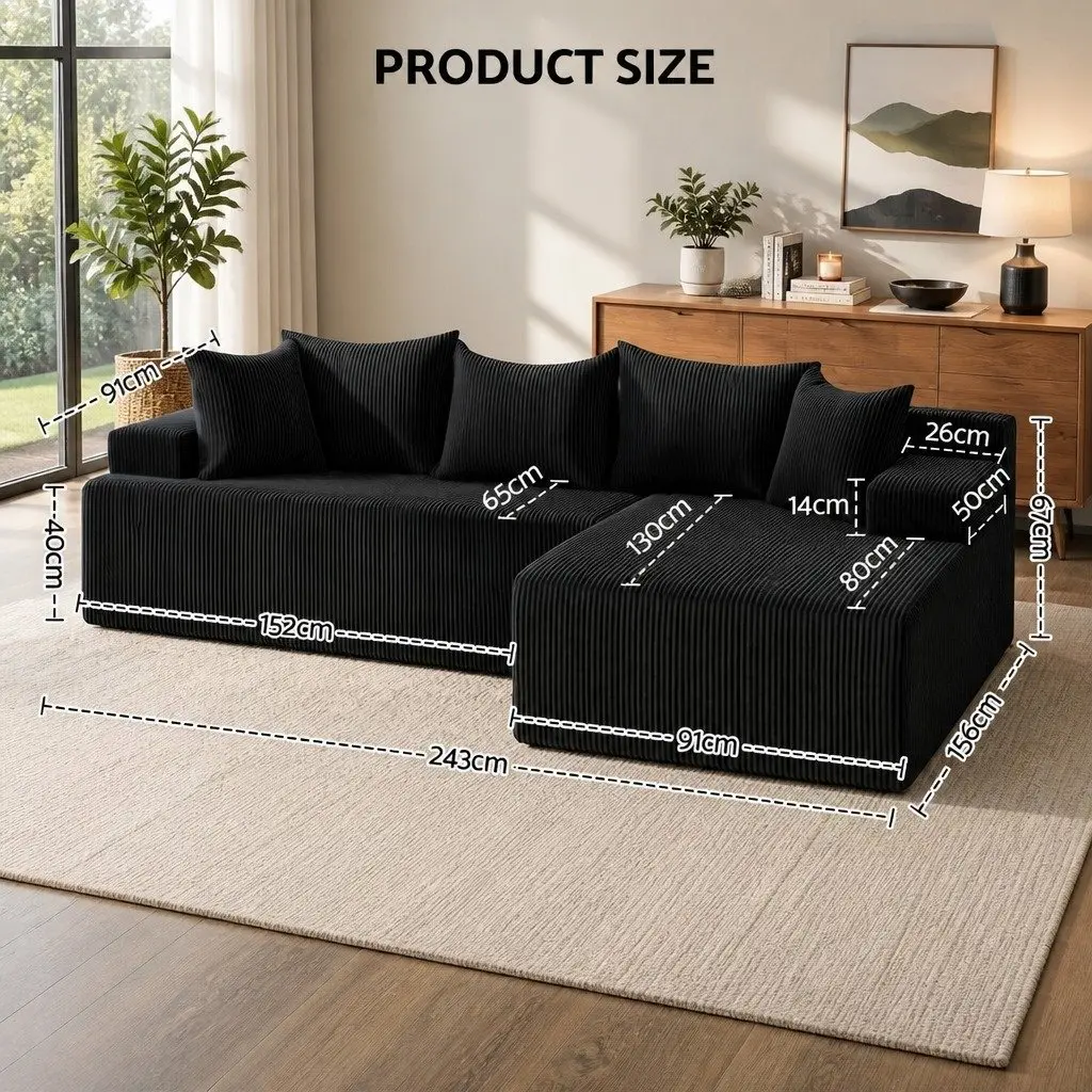 L-Shaped Modular Sectional Sofa Bed Corduroy Fabric 4-Seater Black