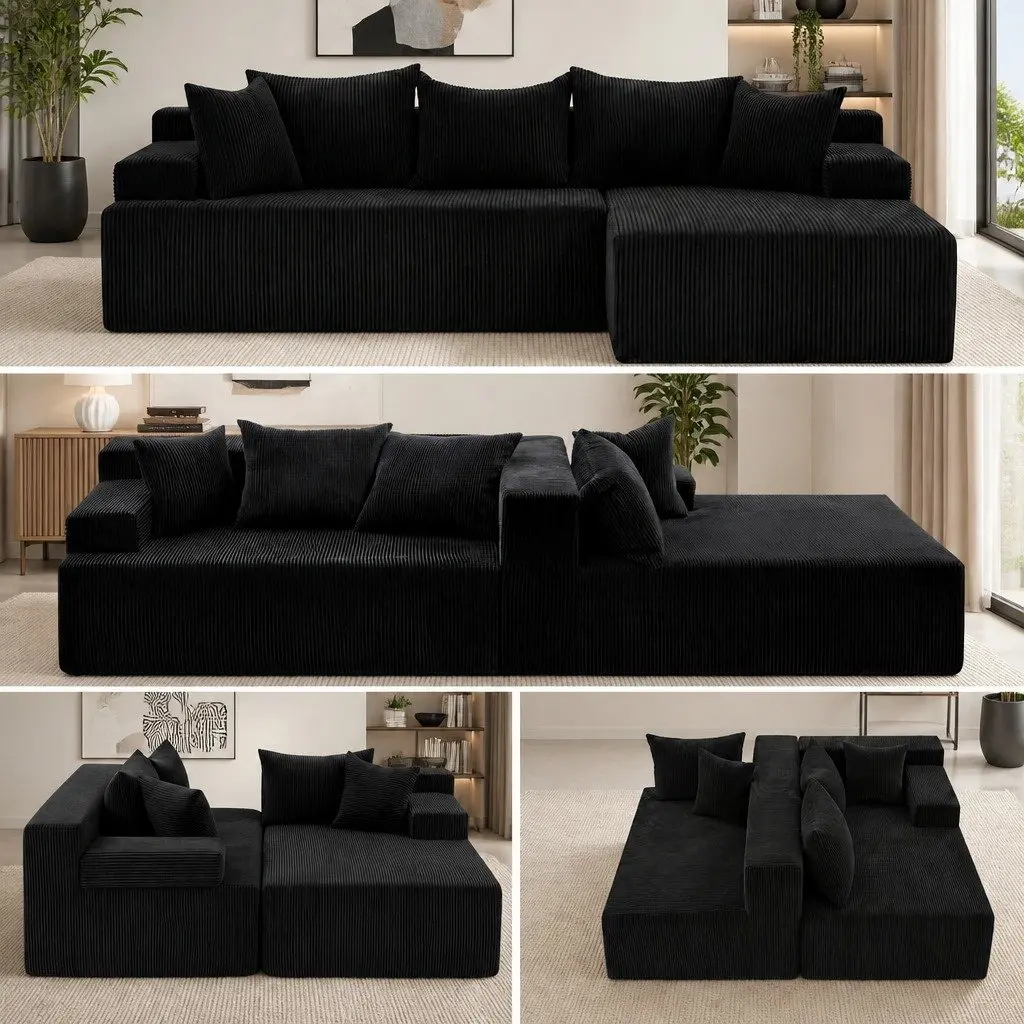 L-Shaped Modular Sectional Sofa Bed Corduroy Fabric 4-Seater Black