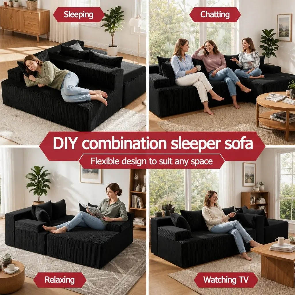 L-Shaped Modular Sectional Sofa Bed Corduroy Fabric 4-Seater Black