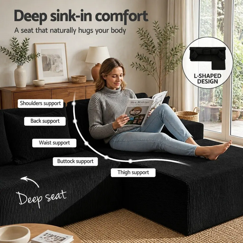 L-Shaped Modular Sectional Sofa Bed Corduroy Fabric 4-Seater Black