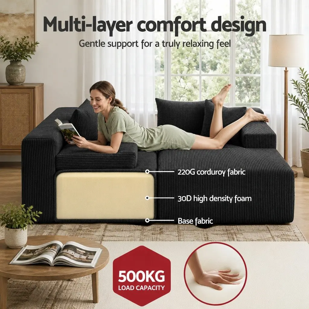 L-Shaped Modular Sectional Sofa Bed Corduroy Fabric 4-Seater Black