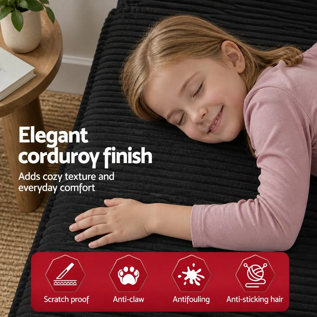 L-Shaped Modular Sectional Sofa Bed Corduroy Fabric 4-Seater Black