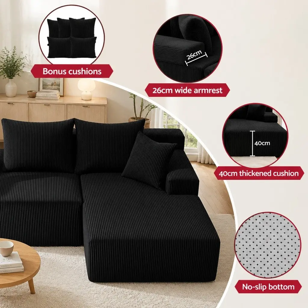 L-Shaped Modular Sectional Sofa Bed Corduroy Fabric 4-Seater Black