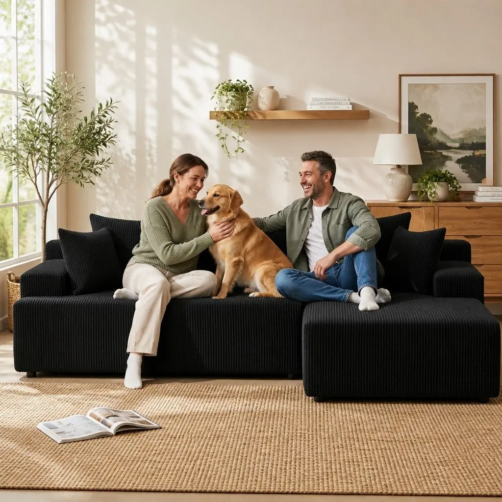 L-Shaped Modular Sectional Sofa Bed Corduroy Fabric 4-Seater Black