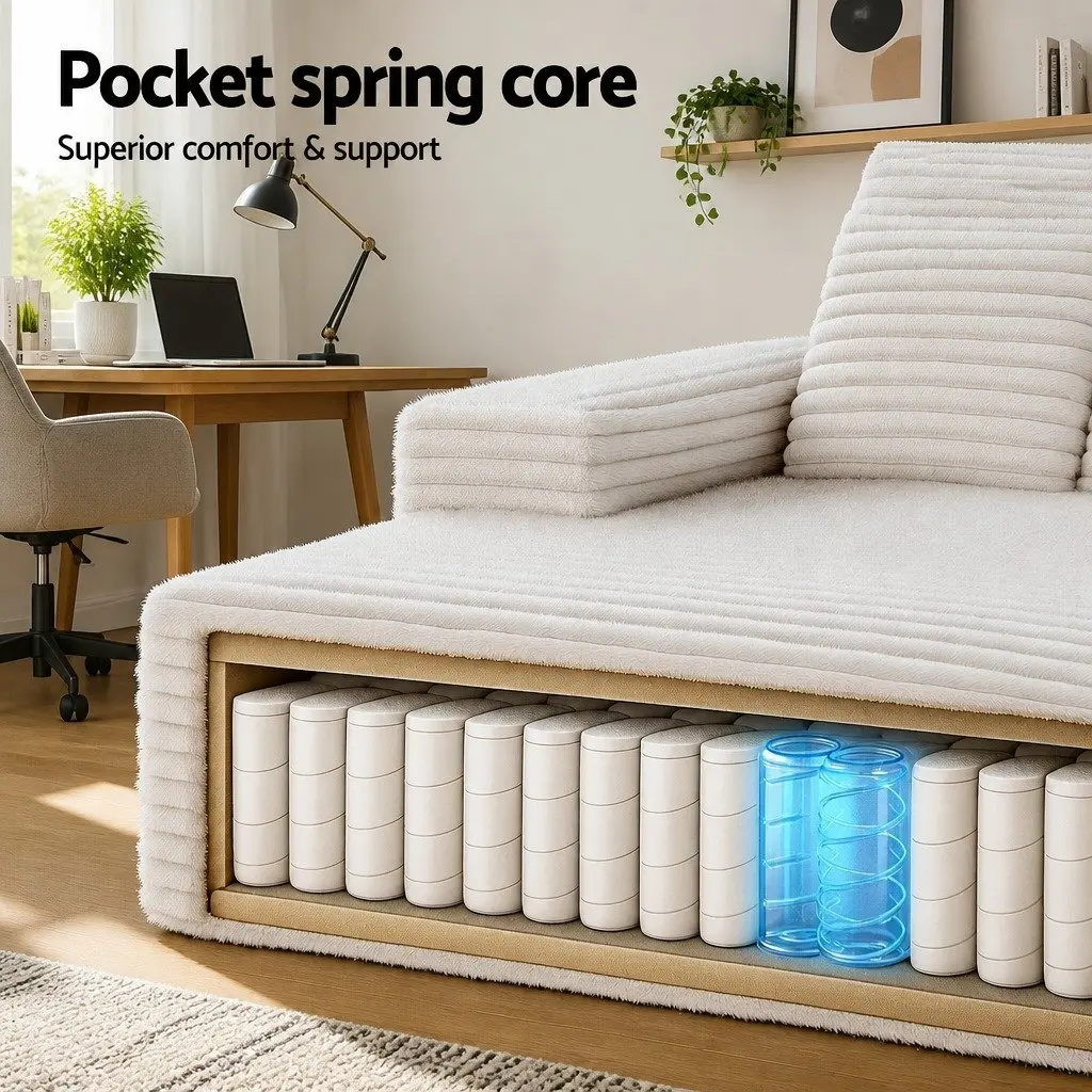 Sofa Bed Faux Fur Fabric Beige High-Density Foam Pocket Spring Construction