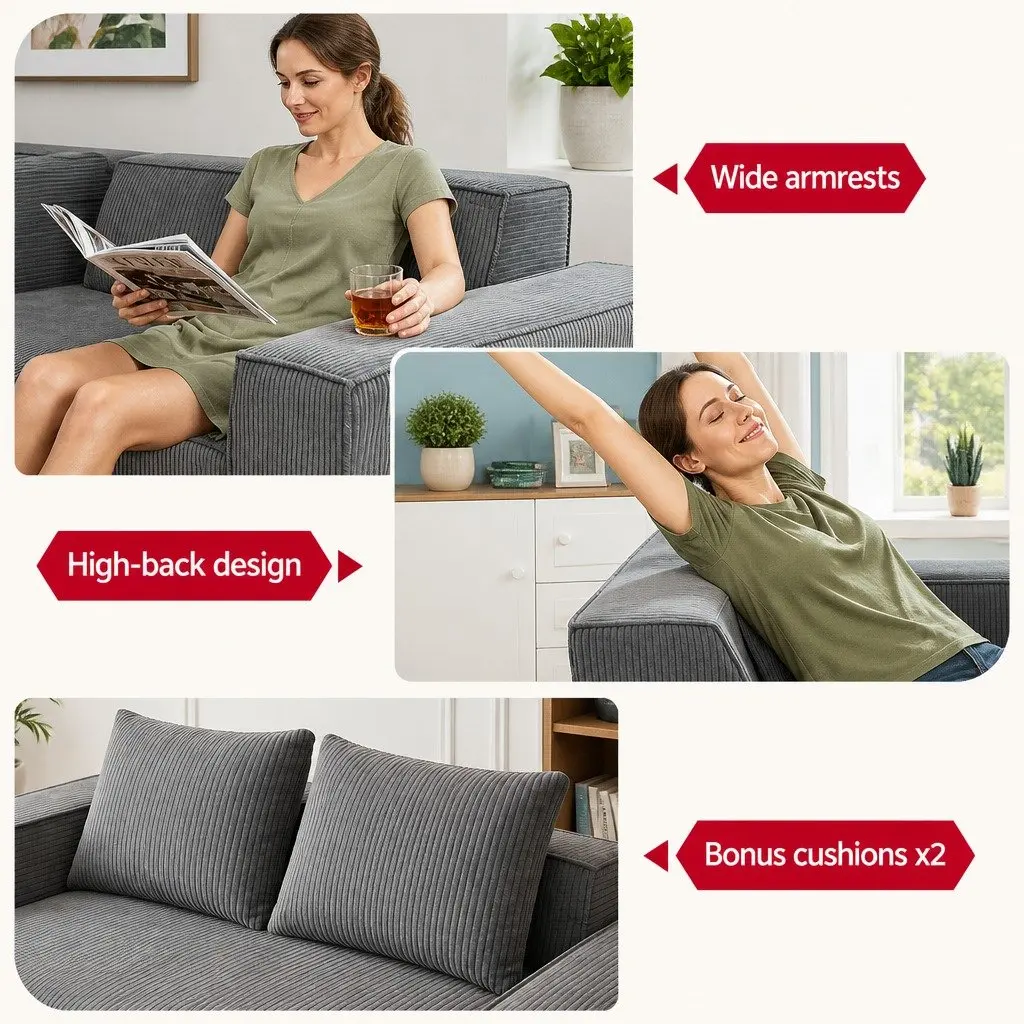 2 Seater Loveseat Sofa Bed Couch Corduroy Small Grey
