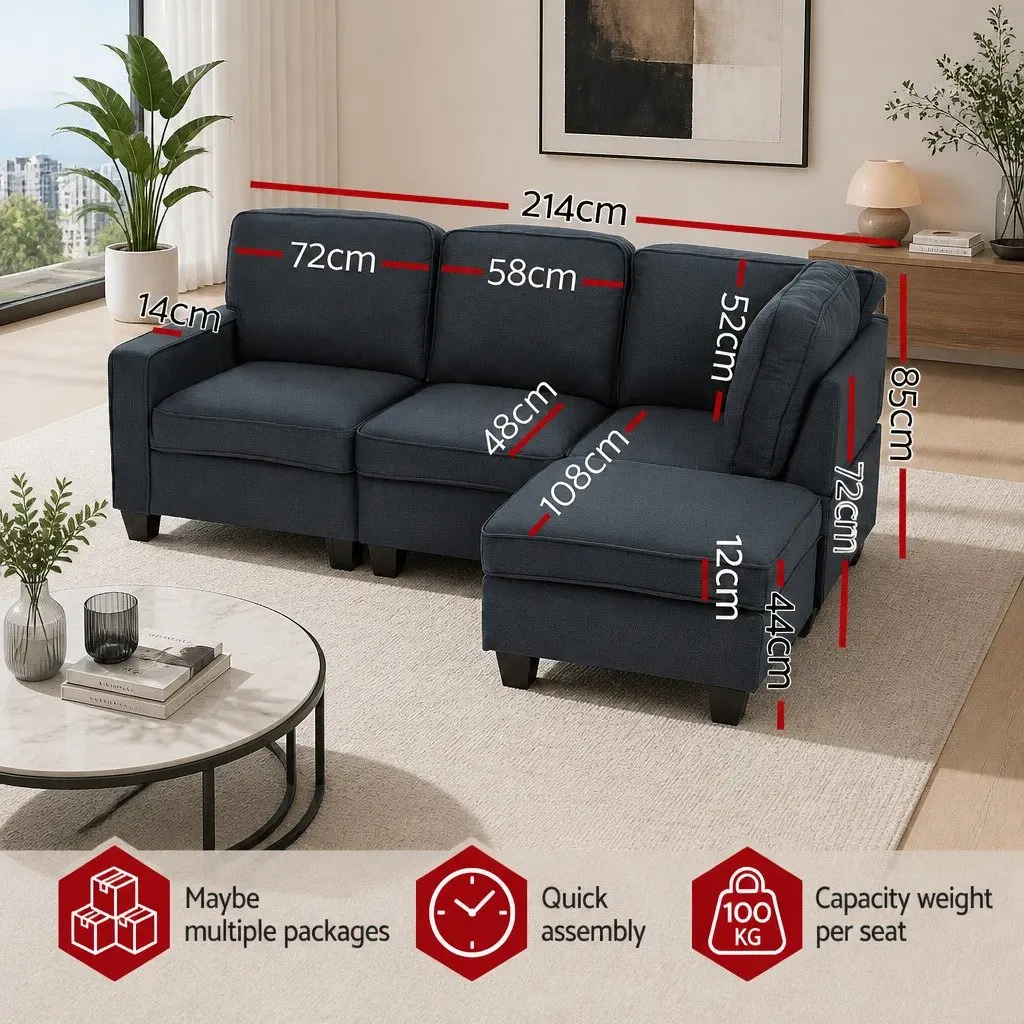 Modular Sofa Set Dark Grey Faux Linen 4-Seater Sturdy Frame Removable Washable Cushions Lounge Configuration