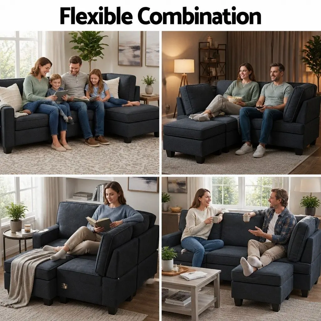 Modular Sofa Set Dark Grey Faux Linen 4-Seater Sturdy Frame Removable Washable Cushions Lounge Configuration