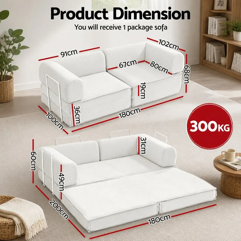 Convertible Sofa Bed Steel Frame Corduroy Upholstery 2-Seater Beige