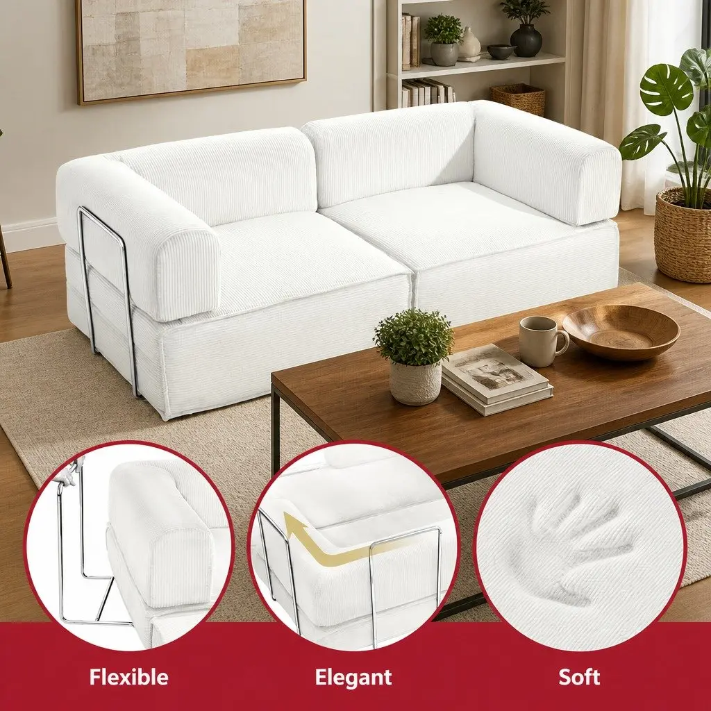Convertible Sofa Bed Steel Frame Corduroy Upholstery 2-Seater Beige