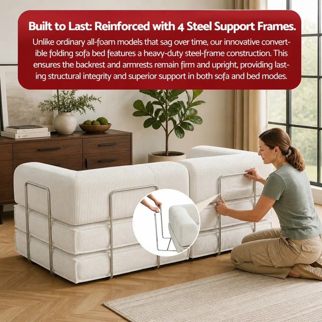 Convertible Sofa Bed Steel Frame Corduroy Upholstery 2-Seater Beige