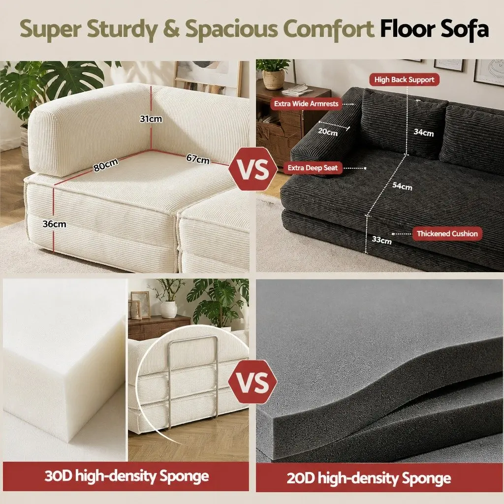 Convertible Sofa Bed Steel Frame Corduroy Upholstery 2-Seater Beige