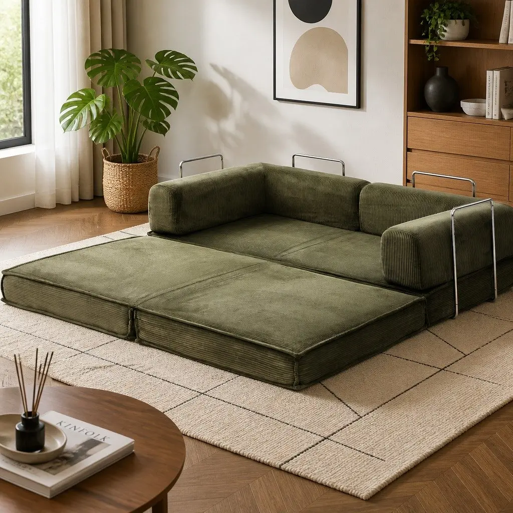 Convertible Sofa Bed Steel Green 2-Seater Corduroy