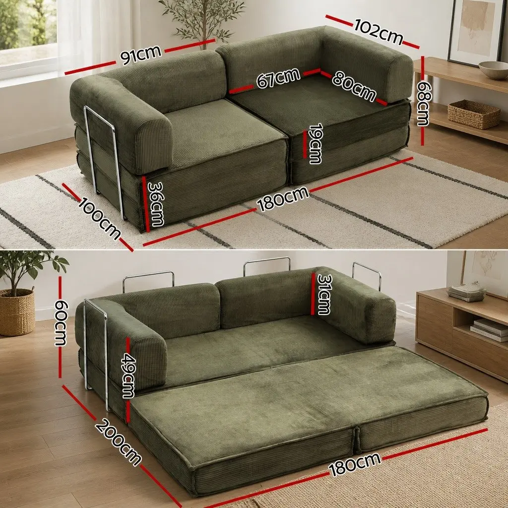 Convertible Sofa Bed Steel Green 2-Seater Corduroy