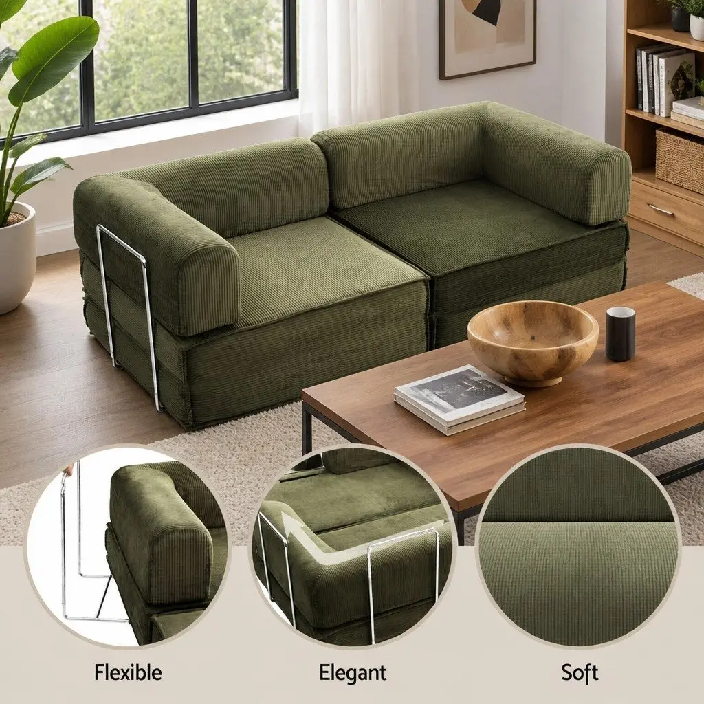 Convertible Sofa Bed Steel Green 2-Seater Corduroy