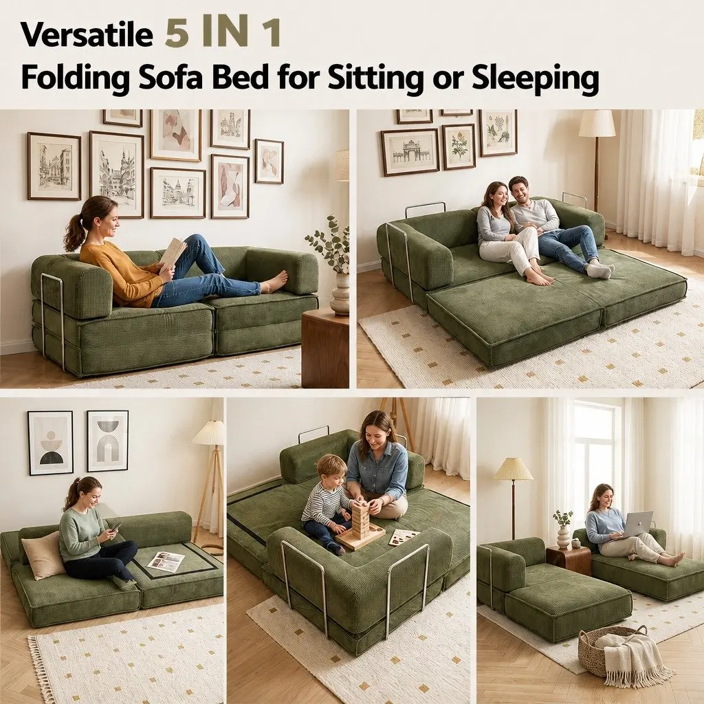 Convertible Sofa Bed Steel Green 2-Seater Corduroy