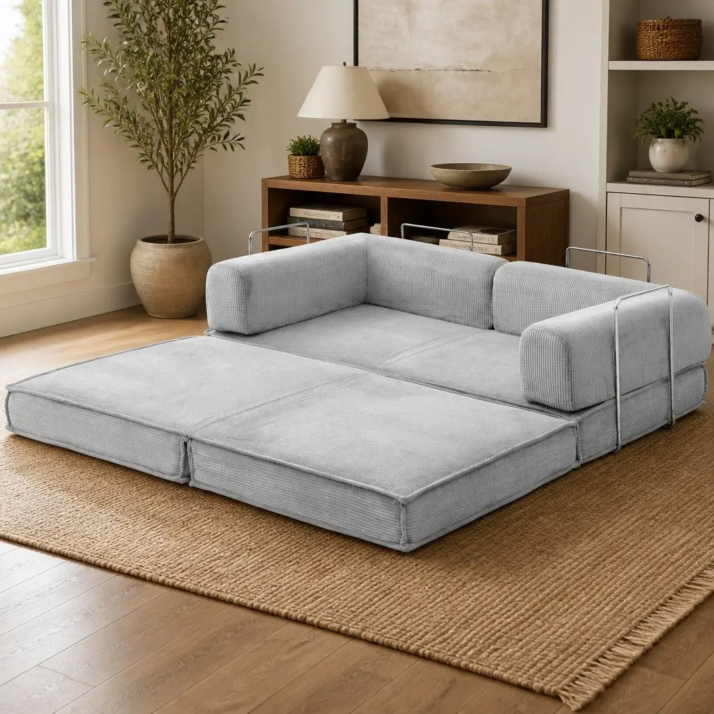 Convertible Sofa Bed Steel Frame Grey 2-Seater Corduroy