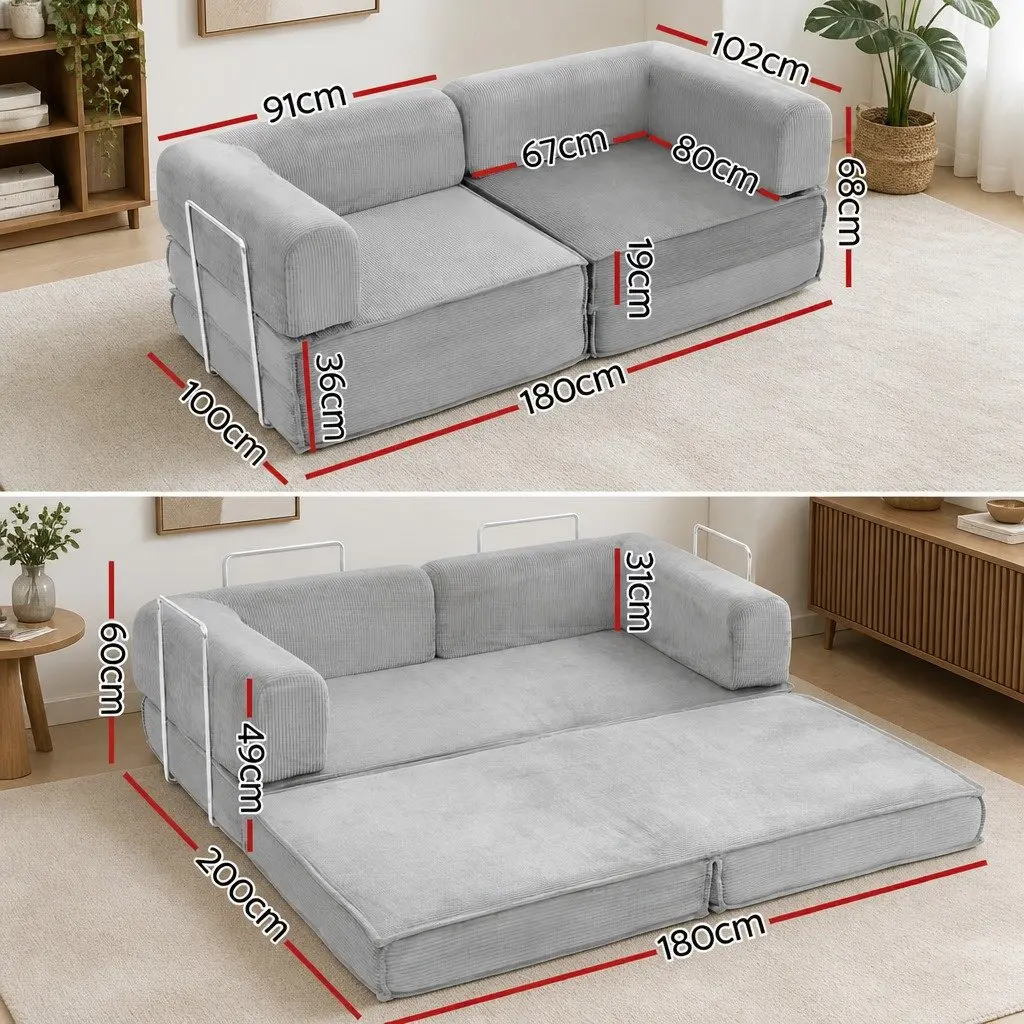 Convertible Sofa Bed Steel Frame Grey 2-Seater Corduroy
