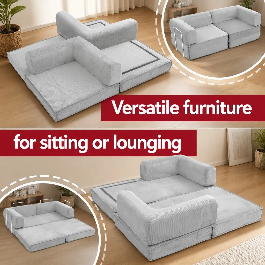 Convertible Sofa Bed Steel Frame Grey 2-Seater Corduroy
