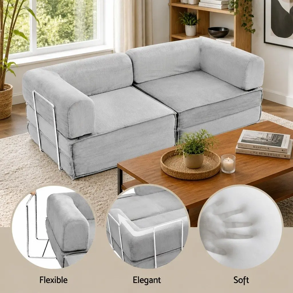 Convertible Sofa Bed Steel Frame Grey 2-Seater Corduroy