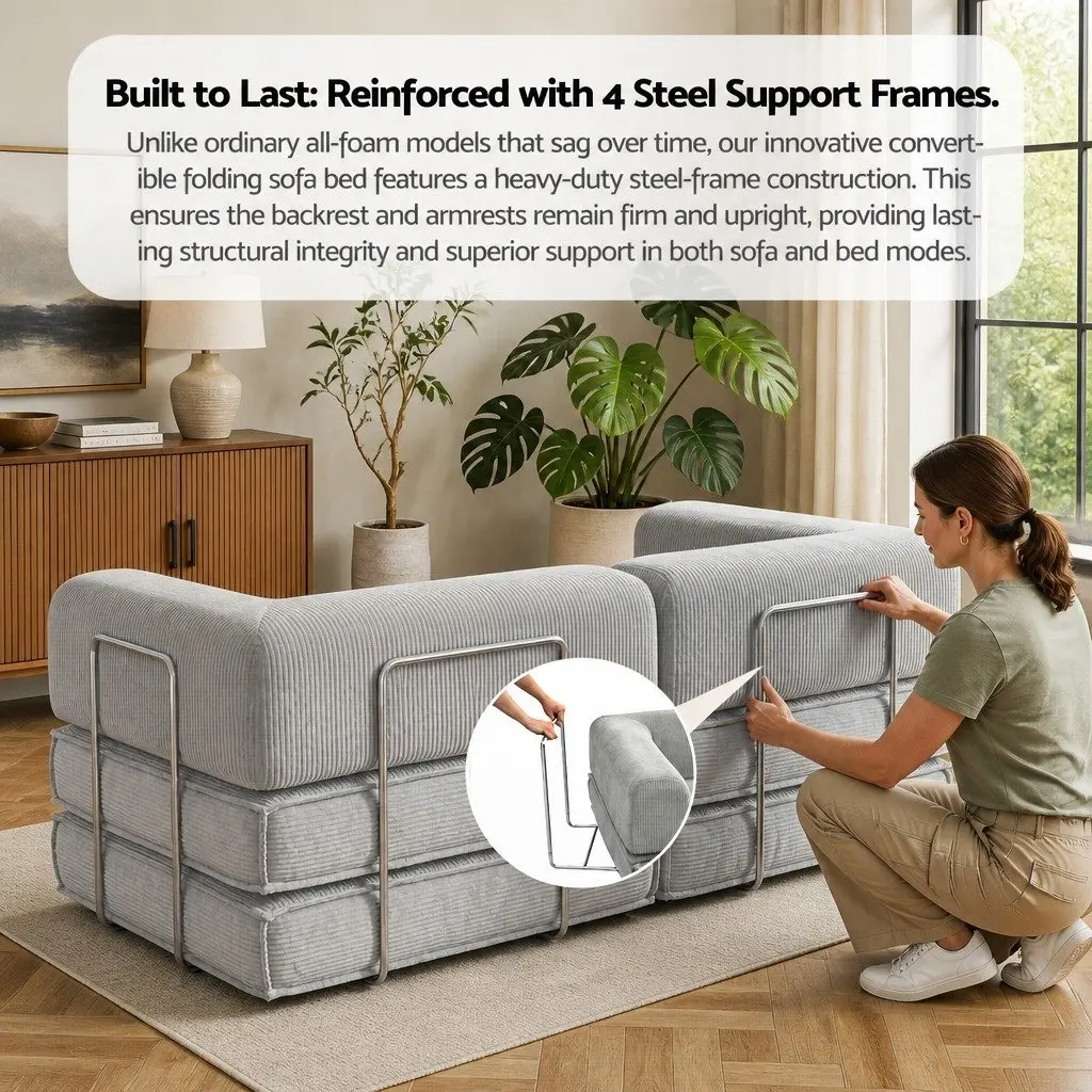 Convertible Sofa Bed Steel Frame Grey 2-Seater Corduroy