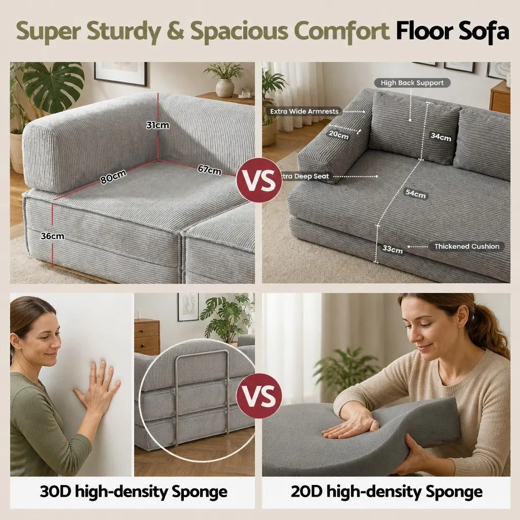 Convertible Sofa Bed Steel Frame Grey 2-Seater Corduroy