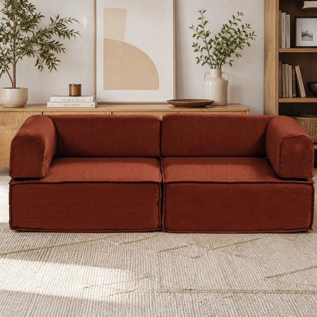 Convertible Sofa Bed Steel Frame Corduroy 2-Seater Orange