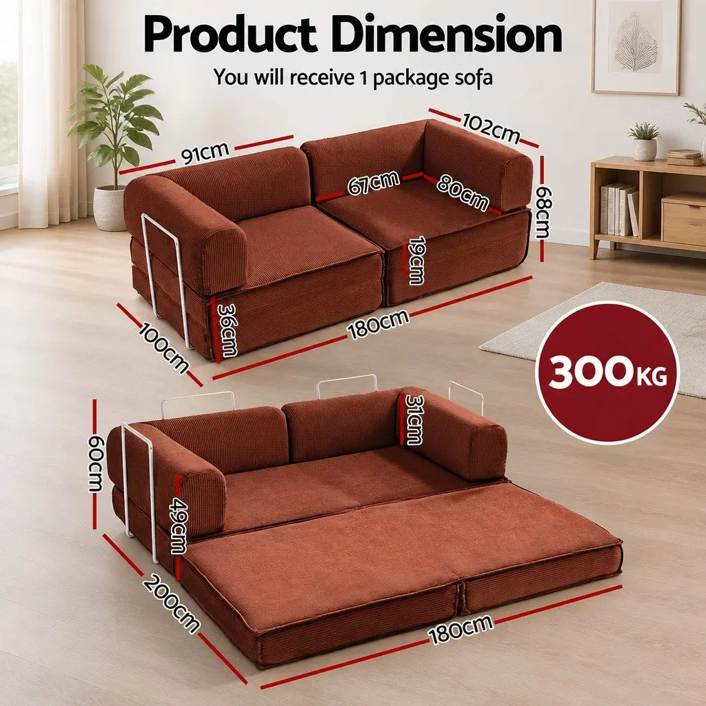 Convertible Sofa Bed Steel Frame Corduroy 2-Seater Orange