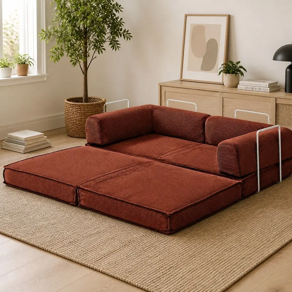 Convertible Sofa Bed Steel Frame Corduroy 2-Seater Orange