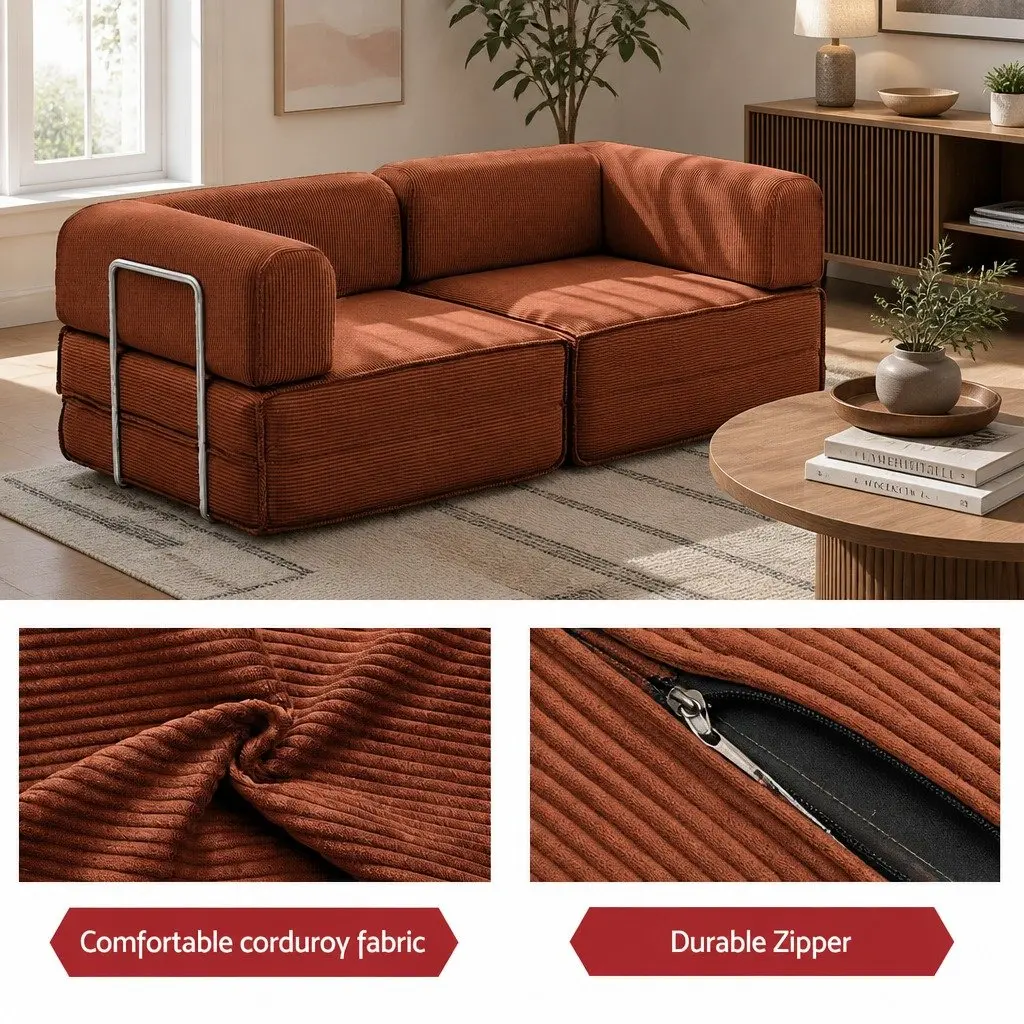 Convertible Sofa Bed Steel Frame Corduroy 2-Seater Orange