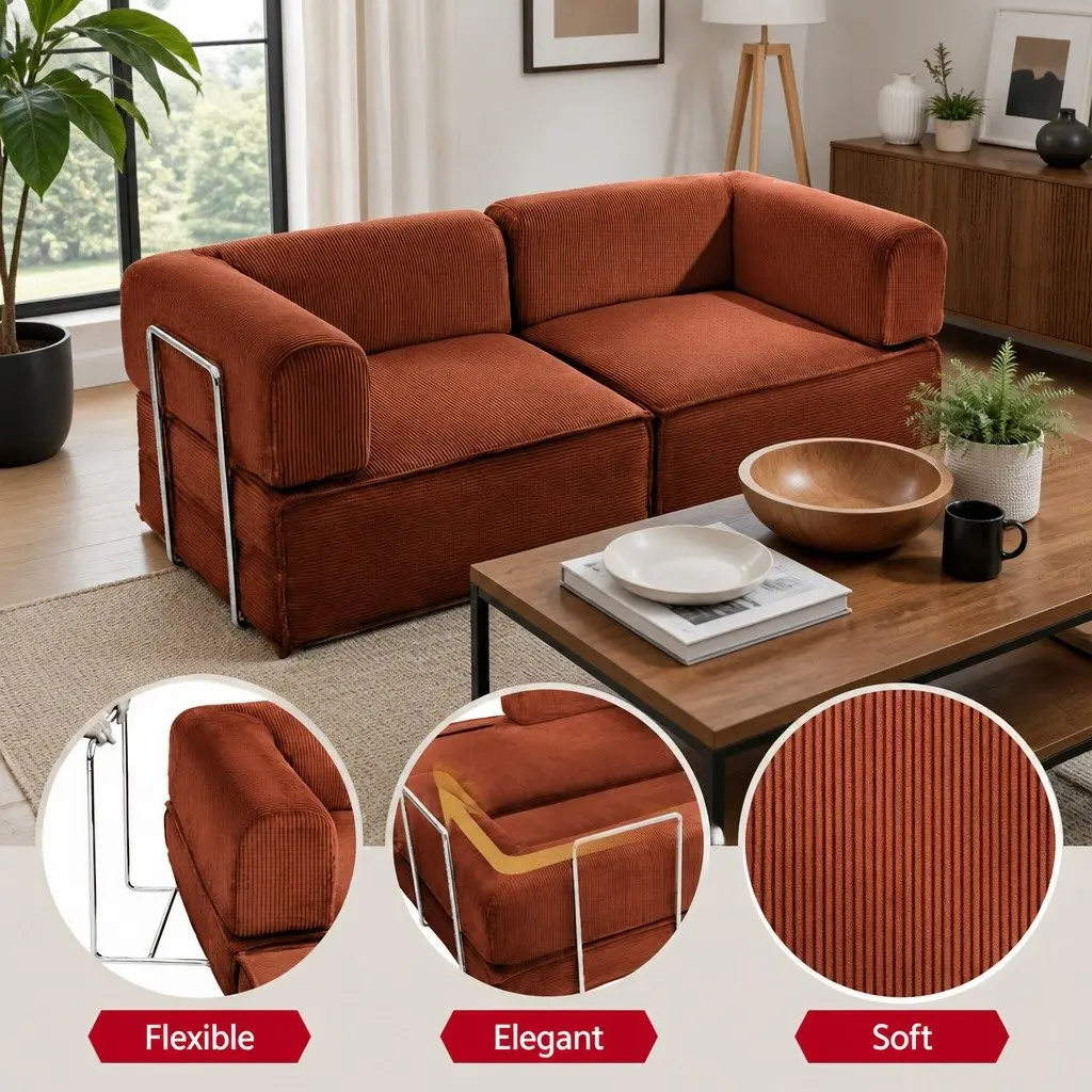 Convertible Sofa Bed Steel Frame Corduroy 2-Seater Orange