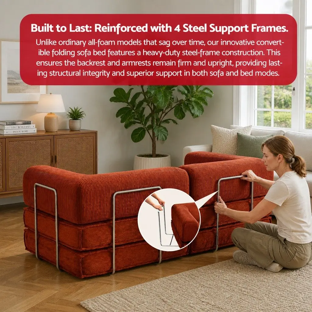Convertible Sofa Bed Steel Frame Corduroy 2-Seater Orange