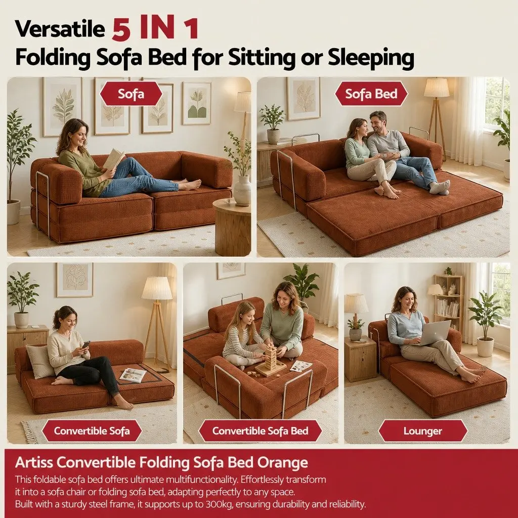 Convertible Sofa Bed Steel Frame Corduroy 2-Seater Orange