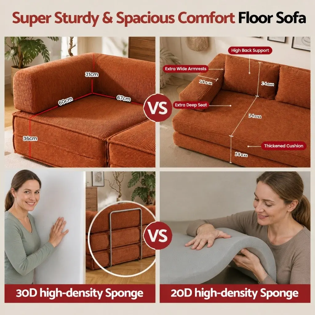 Convertible Sofa Bed Steel Frame Corduroy 2-Seater Orange