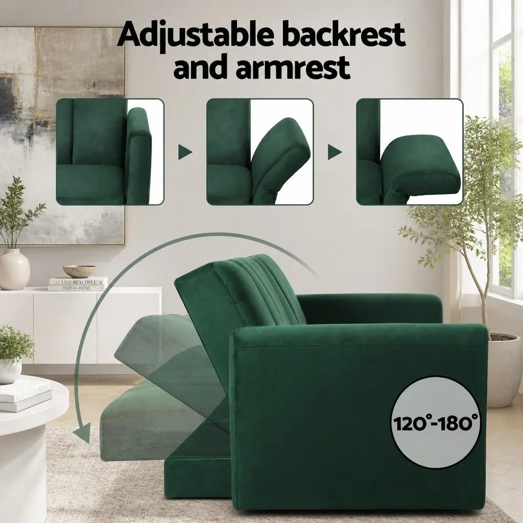 3 Seater Sofa Bed Convertible Couch Adjustable Armrest Recliner Lounge Green