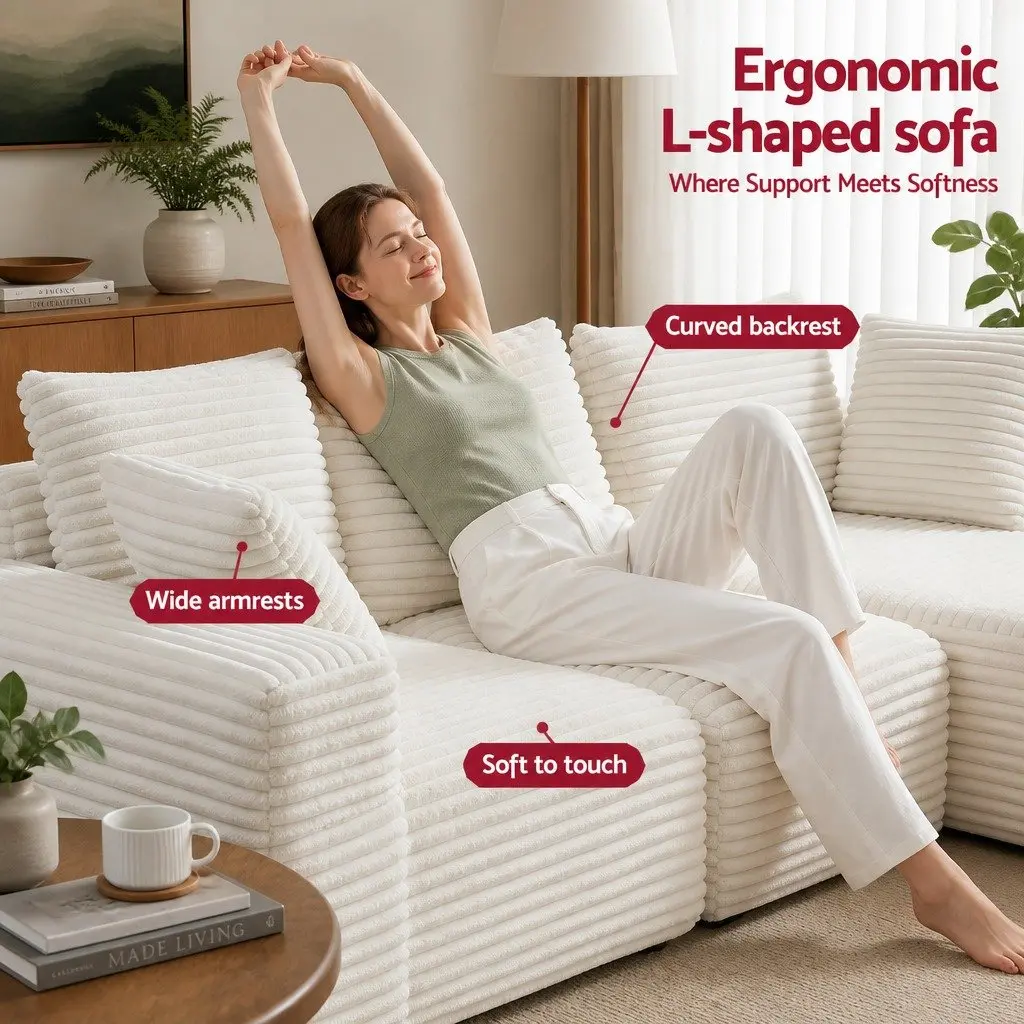 3 Seater Modular Sofa Bed L-Shaped Sectional Living Room Couch White Corduroy