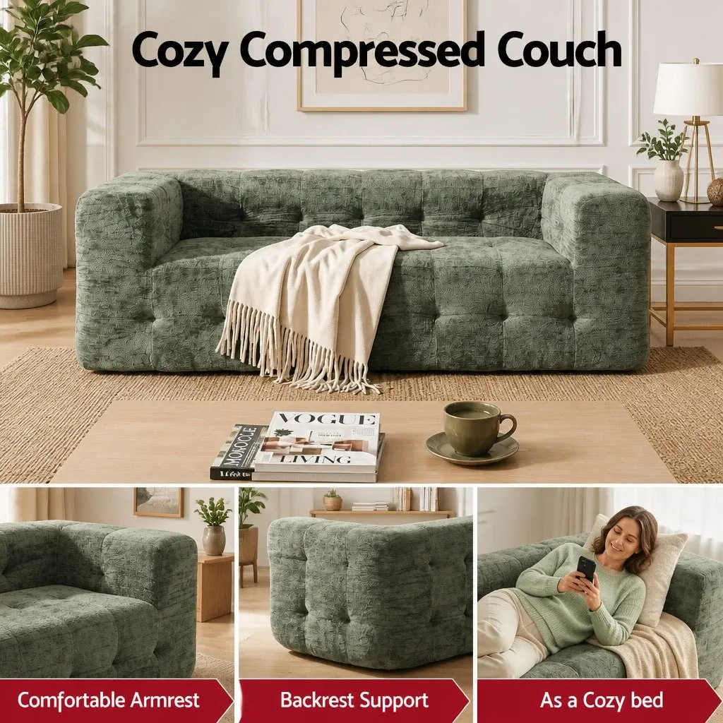 3-Seater Compressed Sofa Bed Green Chenille Living Room Furniture Zero Assembly