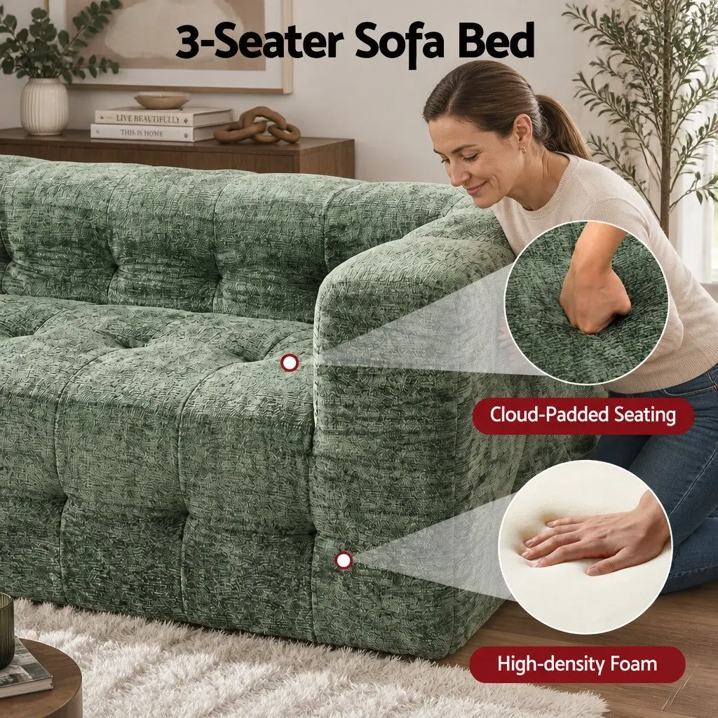 3-Seater Compressed Sofa Bed Green Chenille Living Room Furniture Zero Assembly