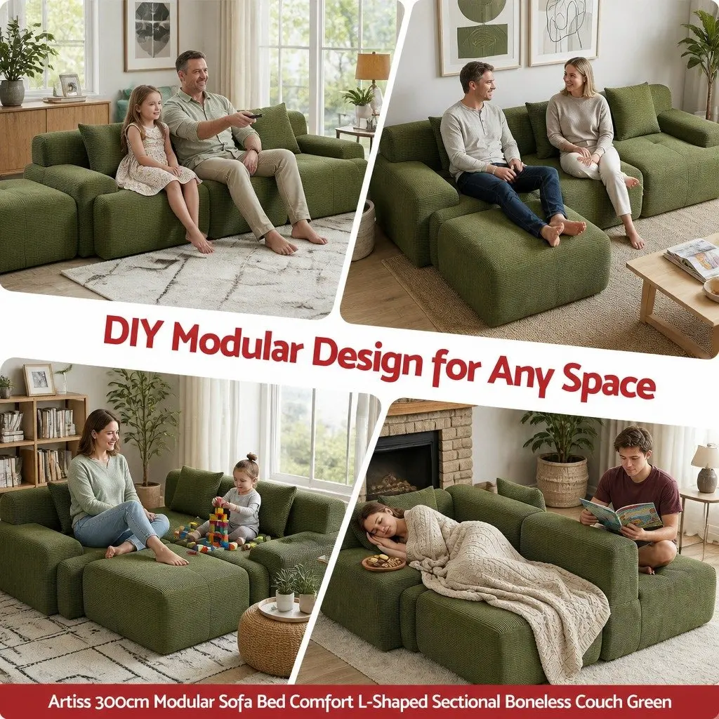 Modular Sofa Bed 300cm L-Shaped Sectional Boneless Couch Green Lounge Furniture