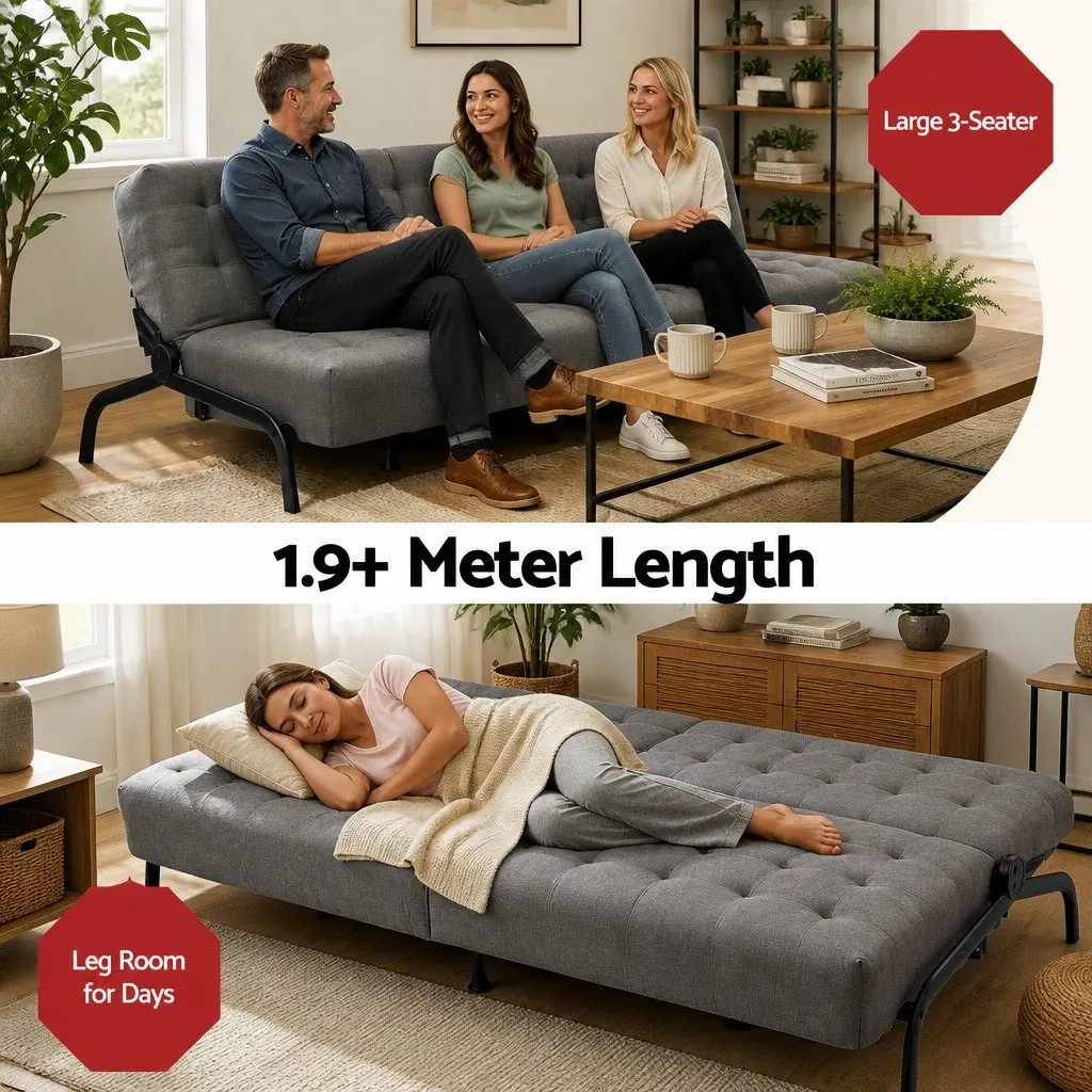 3-Seater Sofa Bed Innerspring Adjustable Couch 1.9m Dark Grey