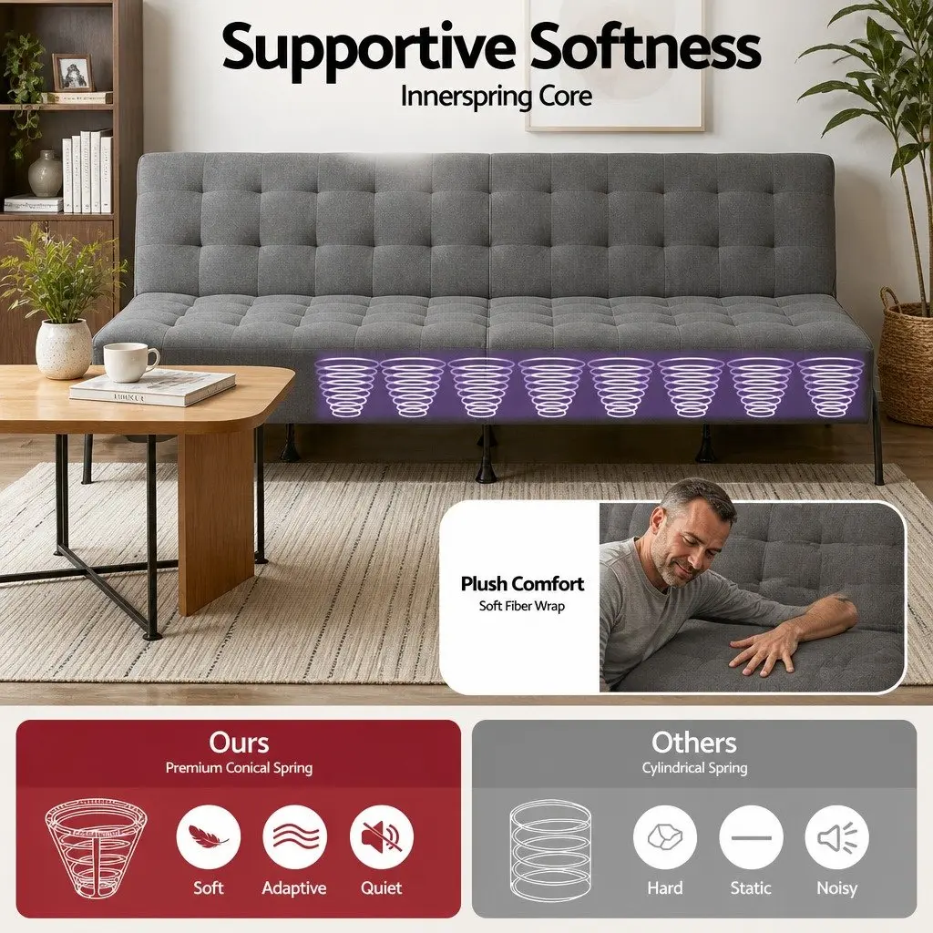 3-Seater Sofa Bed Innerspring Adjustable Couch 1.9m Dark Grey