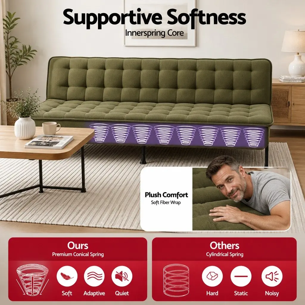 3-Seater Sofa Bed Innerspring Adjustable Couch Green Polyester
