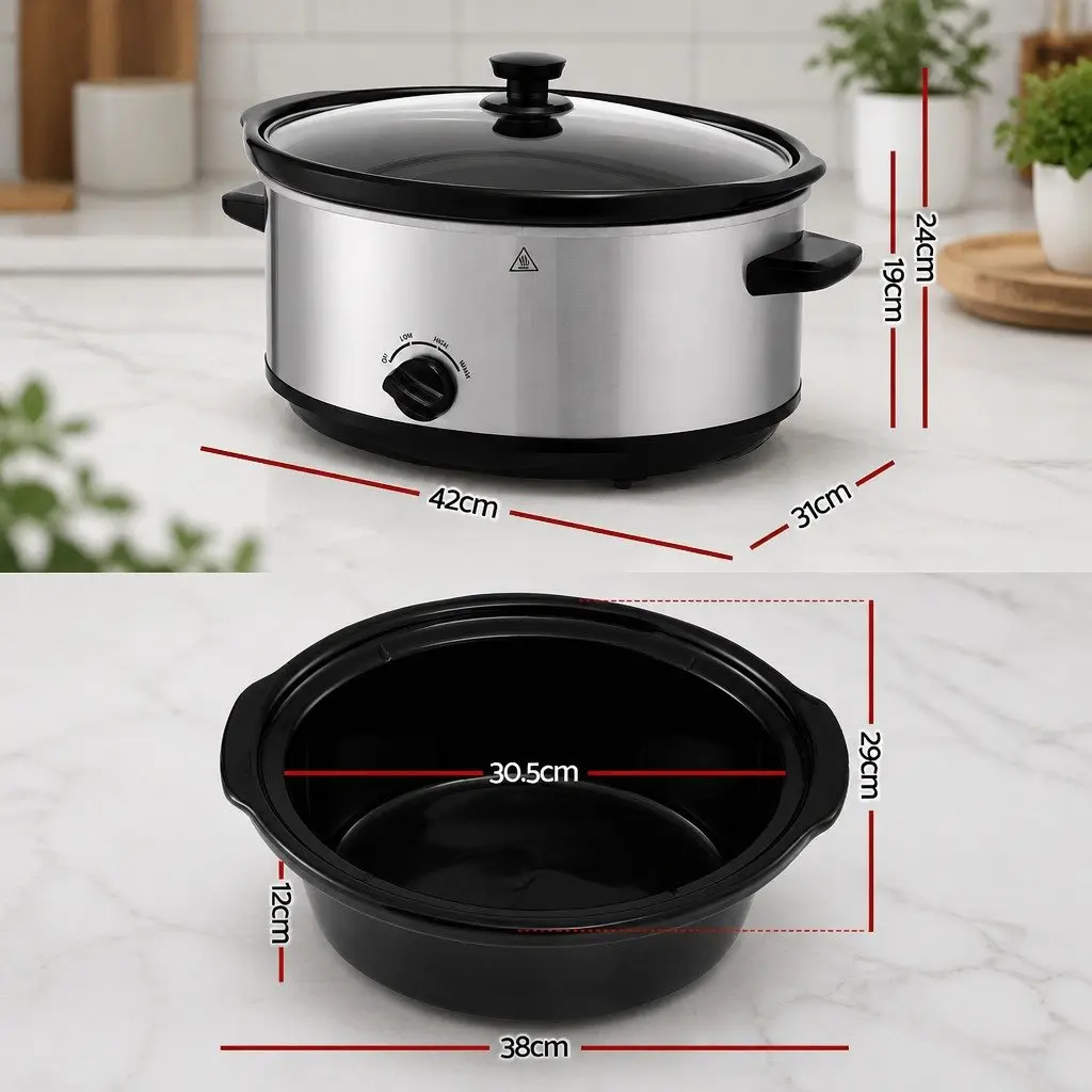 Slow Cooker Electric 6.5L Oval Silver with 3 Heat Settings and Removable Stoneware Pot