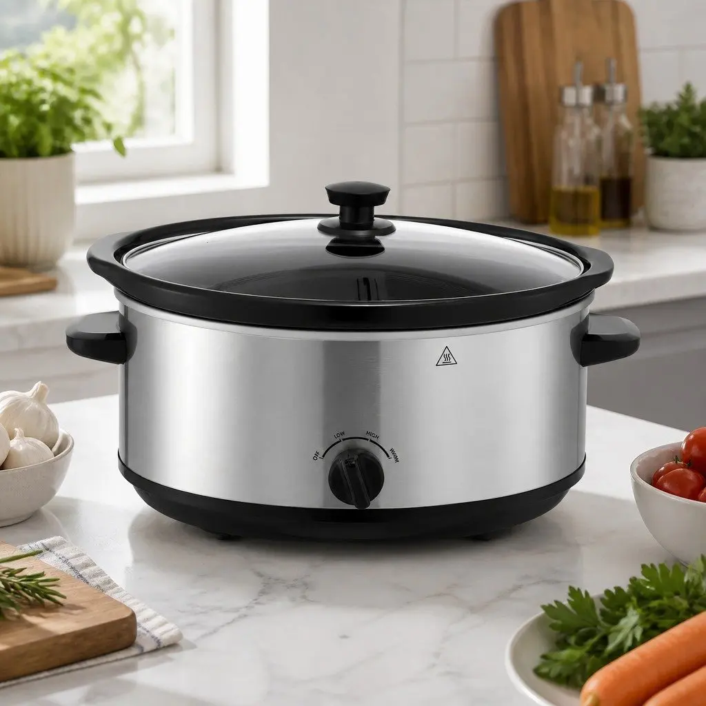 Slow Cooker Electric 6.5L Oval Silver with 3 Heat Settings and Removable Stoneware Pot