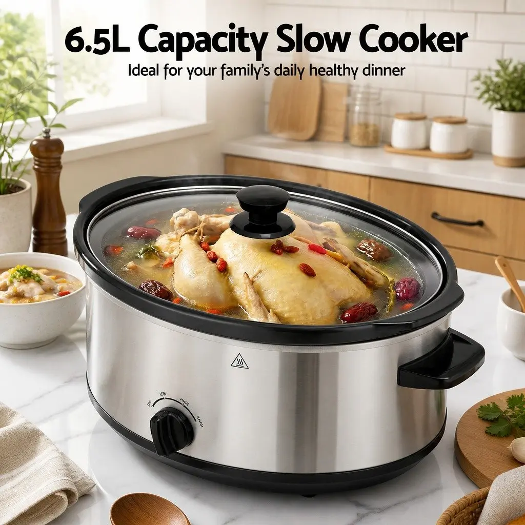 Slow Cooker Electric 6.5L Oval Silver with 3 Heat Settings and Removable Stoneware Pot