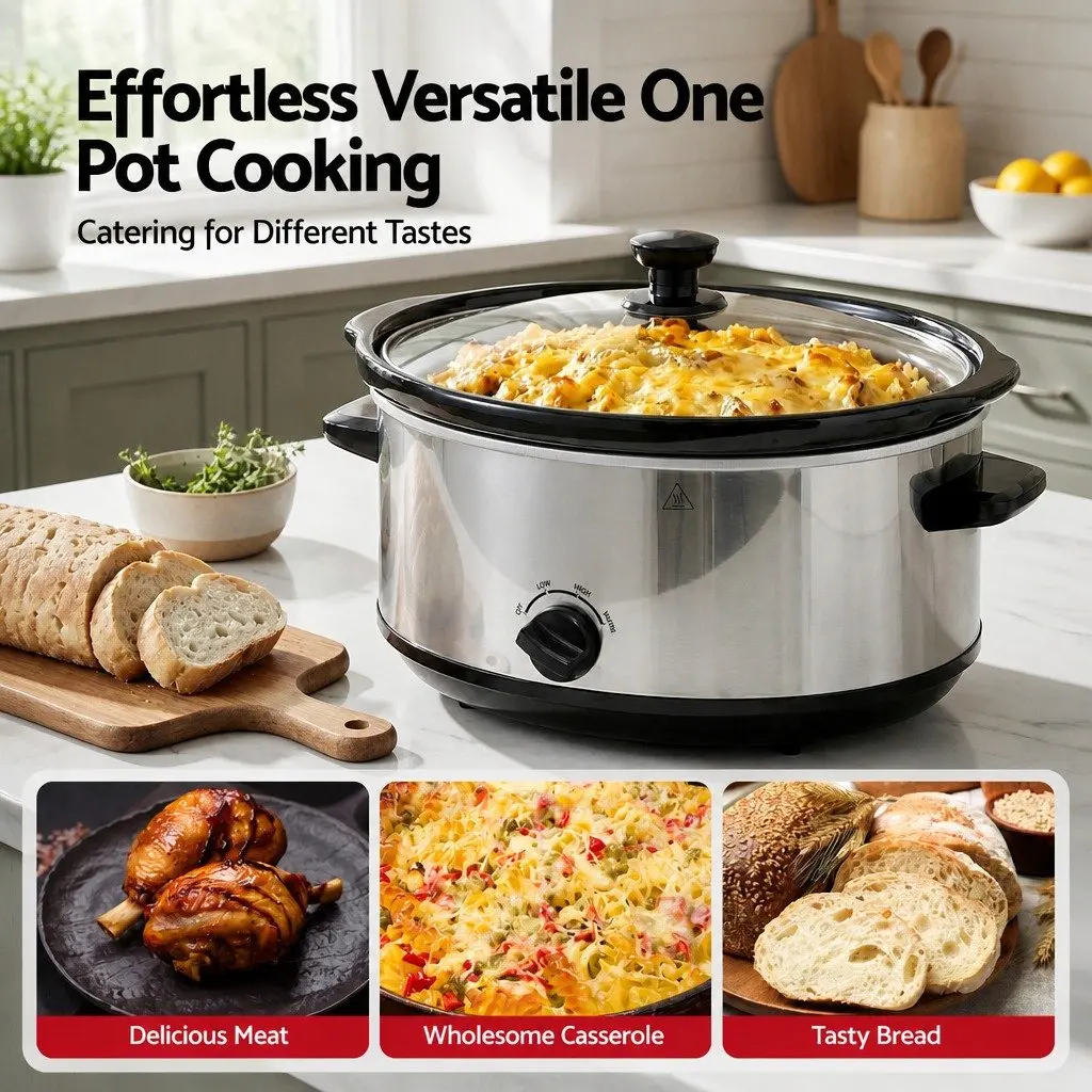 Slow Cooker Electric 6.5L Oval Silver with 3 Heat Settings and Removable Stoneware Pot