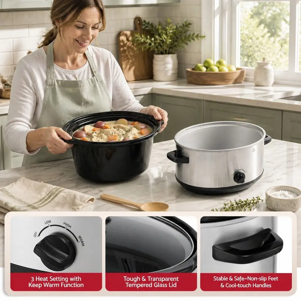 Slow Cooker Electric 6.5L Oval Silver with 3 Heat Settings and Removable Stoneware Pot