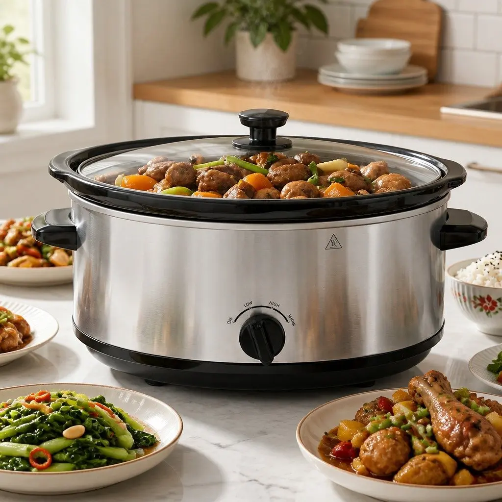 Slow Cooker Electric 6.5L Oval Silver with 3 Heat Settings and Removable Stoneware Pot