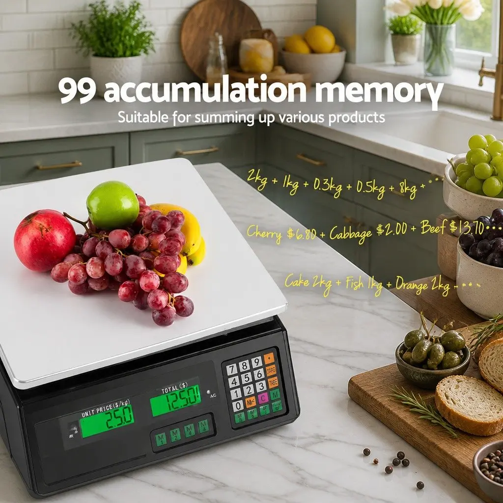 Digital Kitchen Scale 40kg Rechargeable Black LCD Display